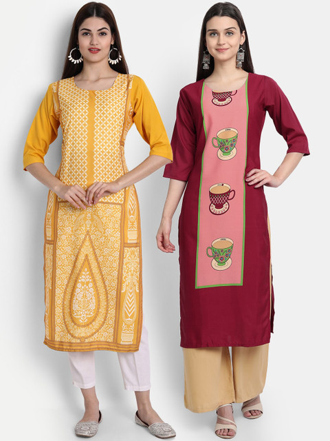

1 Stop Fashion Women Pack of 2 Ethnic Motifs Print Round Neck Straight Kurtas, Yellow