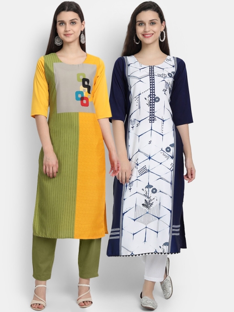 

1 Stop Fashion Women Pack of 2 Ethnic Motifs Print Round Neck Straight Kurtas, Yellow