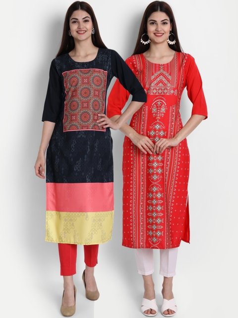 

1 Stop Fashion Women Pack of 2 Ethnic Motifs Print Round Neck Straight Kurtas, Black