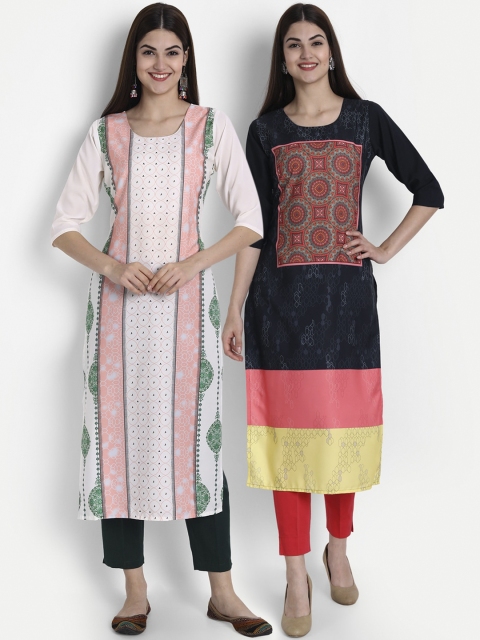 

1 Stop Fashion Women Pack of 2 Printed Round Neck Straight Kurtas, Black