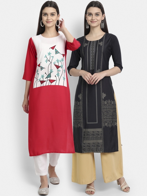 

1 Stop Fashion Women Pack of 2 Printed Round Neck Straight Kurtas, Black