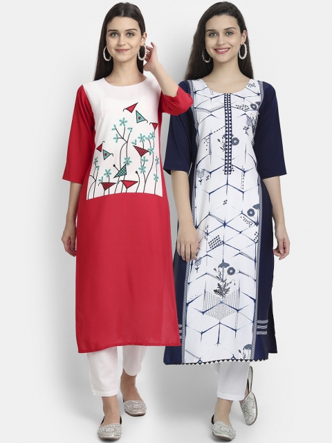 

1 Stop Fashion Women Pack of 2 Printed Round Neck Straight Kurtas, Red