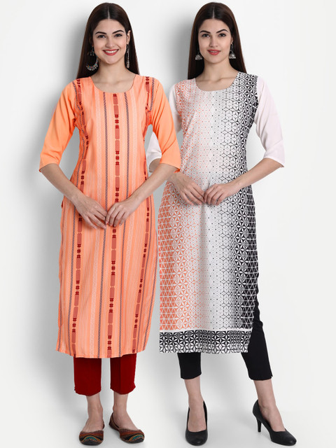 

1 Stop Fashion Women Pack of 2 Ethnic Motifs Print Round Neck Straight Kurtas, Peach