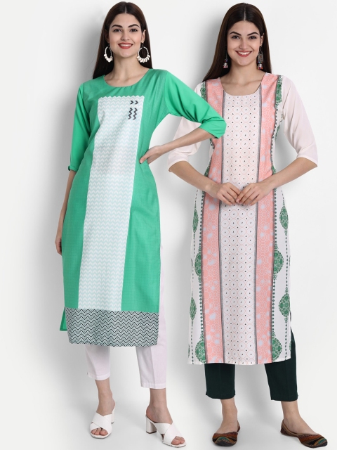 

1 Stop Fashion Women Pack of 2 Ethnic Motifs Print Round Neck Straight Kurtas, Green