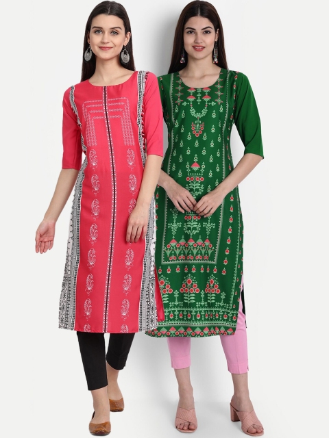 

1 Stop Fashion Women Pack of 2 Ethnic Motifs Print Round Neck Straight Kurtas, Pink