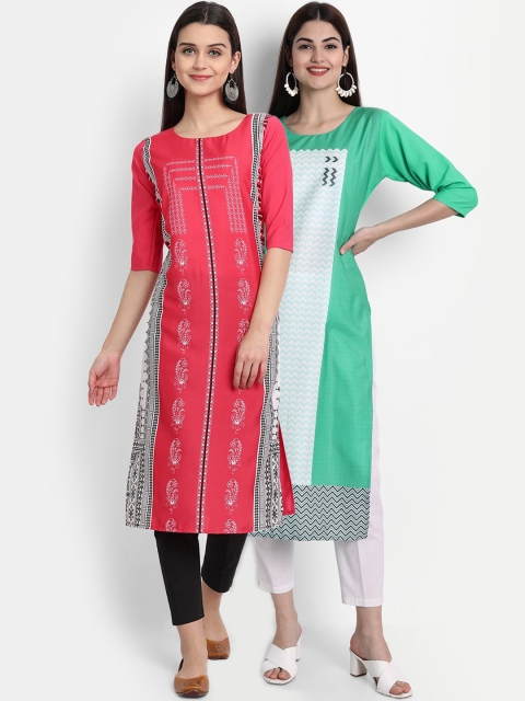 

1 Stop Fashion Women Pack of 2 Ethnic Motifs Print Round Neck Straight Kurtas, Pink