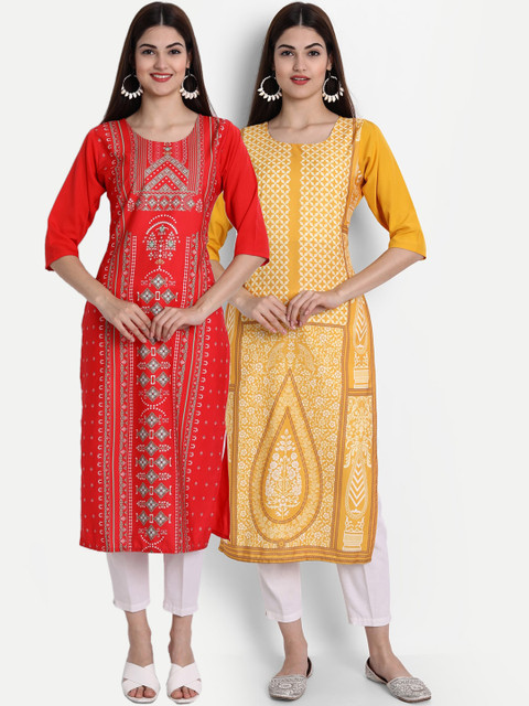 

1 Stop Fashion Women Multi-coloured Pack of 2 Printed Round Neck Straight Kurtas