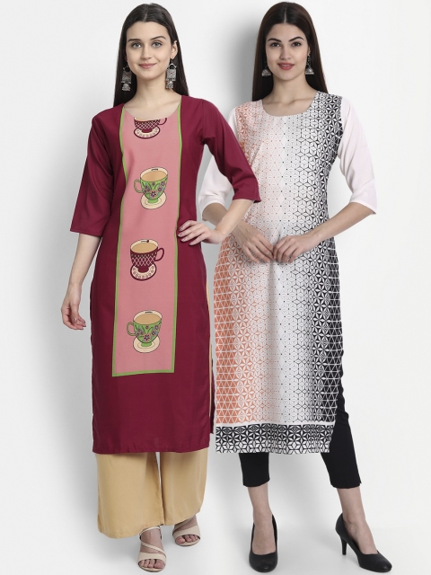 

1 Stop Fashion Women Multi-coloured Pack of 2 Printed Round Neck Straight Kurtas