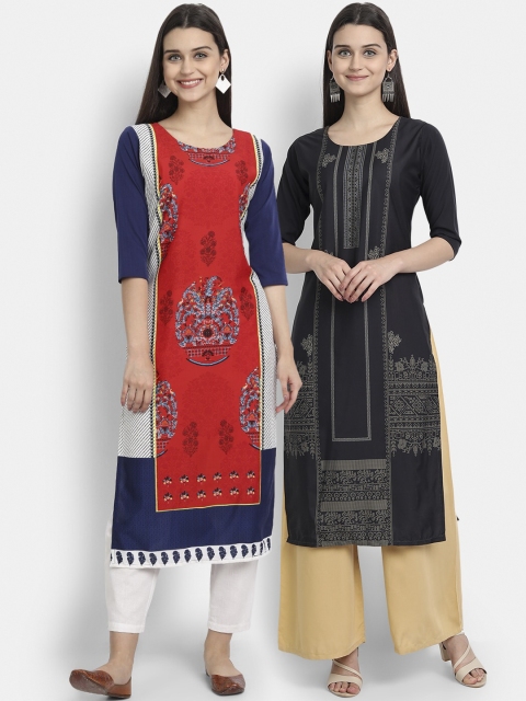 

1 Stop Fashion Women Multi-coloured Pack of 2 Printed Round Neck Straight Kurtas
