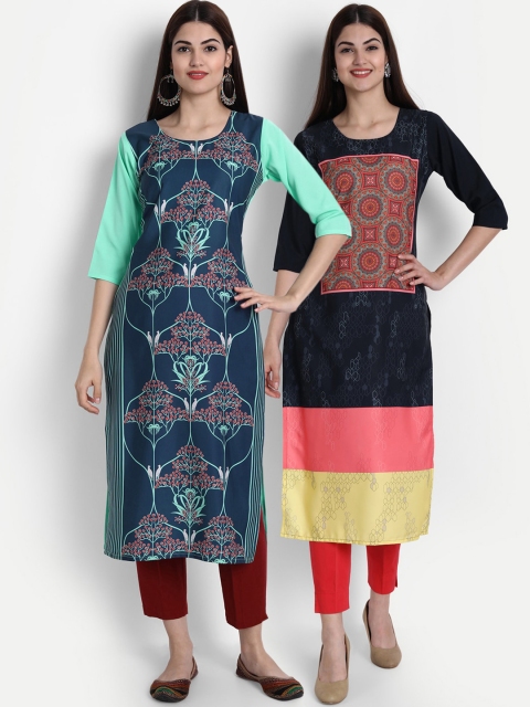 

1 Stop Fashion Women Multi-coloured Pack of 2 Printed Round Neck Straight Kurtas
