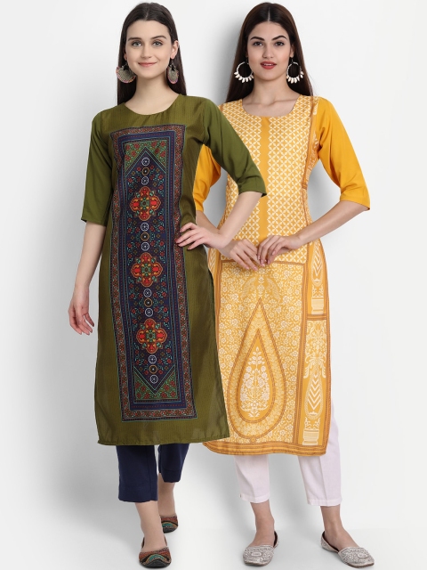 

1 Stop Fashion Women Multi-coloured Pack of 2 Printed Round Neck Straight Kurtas