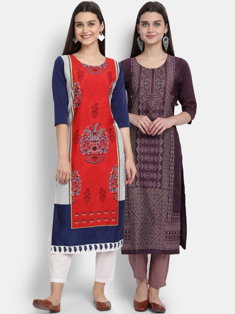 

1 Stop Fashion Women Multi-coloured Pack of 2 Printed Round Neck Straight Kurtas