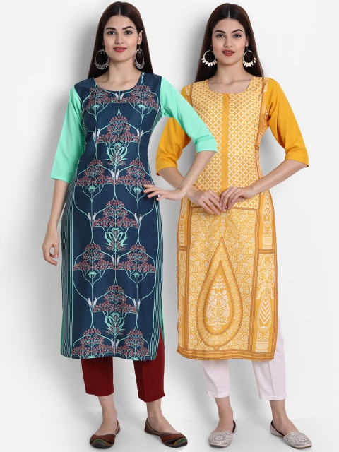 

1 Stop Fashion Women Multi-coloured Pack of 2 Printed Round Neck Straight Kurtas