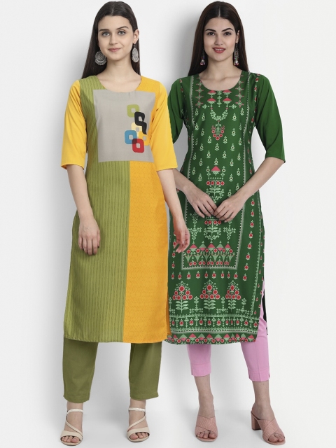 

1 Stop Fashion Women Multi-coloured Pack of 2 Printed Round Neck Straight Kurtas