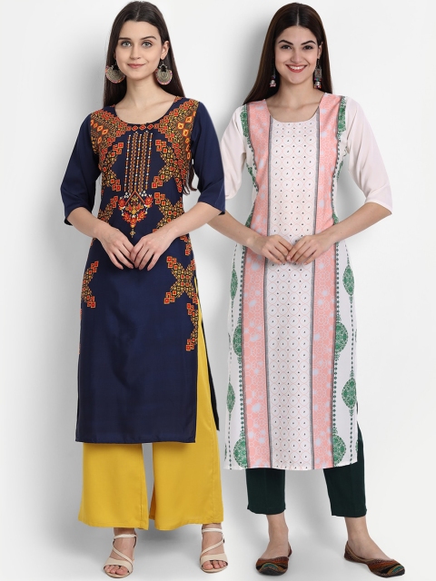 

1 Stop Fashion Women Multi-coloured Pack of 2 Printed Round Neck Straight Kurtas