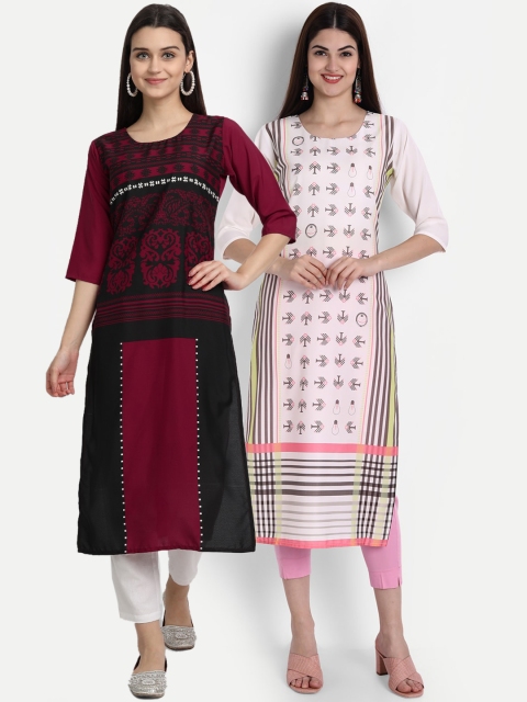 

1 Stop Fashion Women Multi-coloured Pack of 2 Printed Round Neck Straight Kurtas