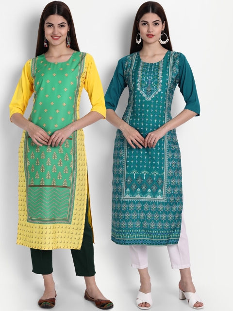 

1 Stop Fashion Women Multi-coloured Pack of 2 Printed Round Neck Straight Kurtas