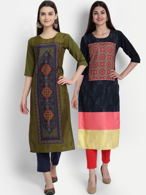 

1 Stop Fashion Women Multi-coloured Pack of 2 Printed Round Neck Straight Kurtas