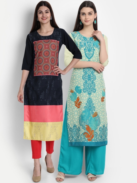 

1 Stop Fashion Women Multi-coloured Pack of 2 Printed Round Neck Straight Kurtas