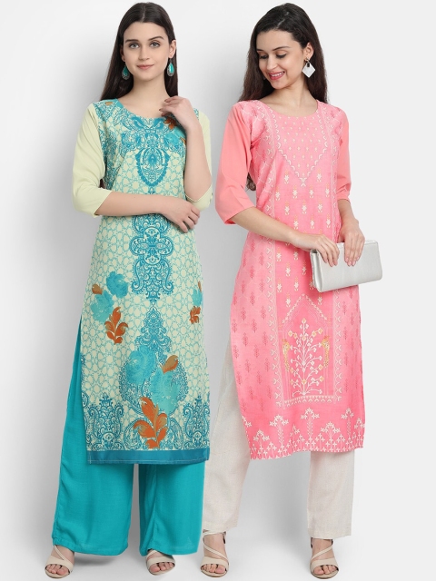 

1 Stop Fashion Women Multi-coloured Pack of 2 Printed Round Neck Straight Kurtas