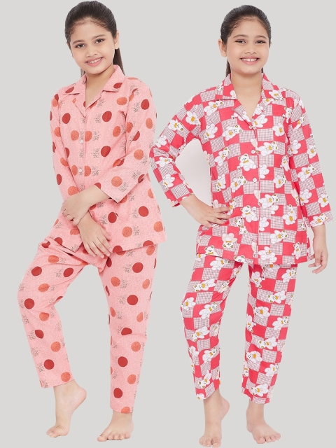 

KYDZI Girls Pack Of 2 Red & Pink Printed Night suit