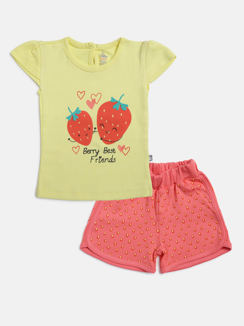 

TINYO Girls Yellow & Peach-Coloured Printed Pure Cotton Co-Ord Set