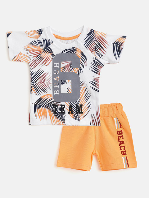 

TINYO Infant Boys White & Coral Orange Cotton Printed T-Shirt with Shorts