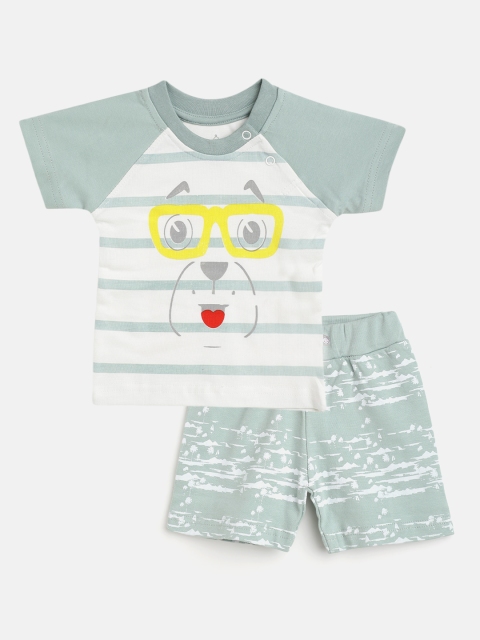 

TINYO Infant Boys White & Green Cotton Striped T-Shirt with Shorts