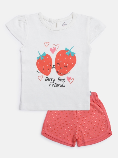 

TINYO Girls White & Peach-Coloured Printed Pure Cotton Co-Ord Set