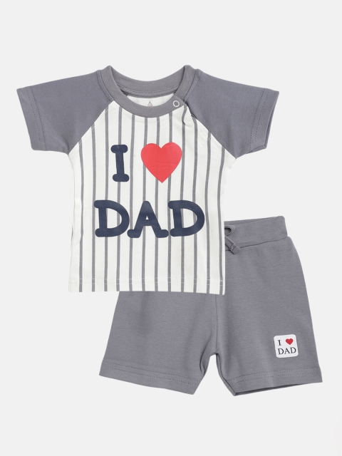

TINYO Infant Boys White & Grey Cotton Striped T-Shirt with Shorts