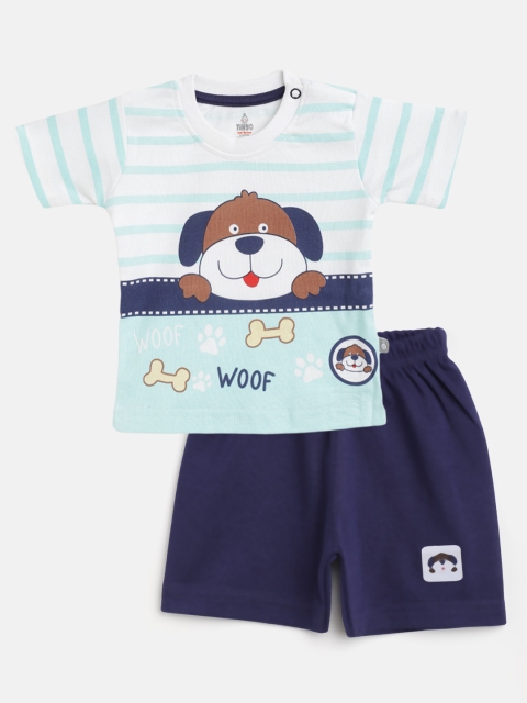 

TINYO Infant Boys White & Blue Striped & Graphic Print Cotton Co-ord Set