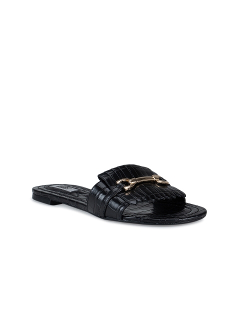 

ROSSO BRUNELLO Women Black Textured Open Toe Flats with Buckles