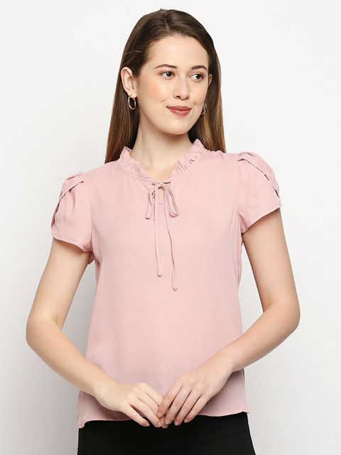 

LYKKEIN Pink Tie-Up Neck Ruffles Top