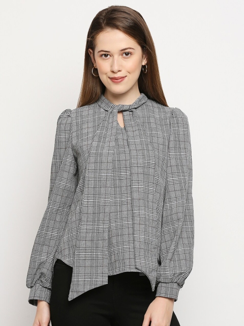 

LYKKEIN Grey Bow Tie Neck Glen Plaid Shirt Style Top