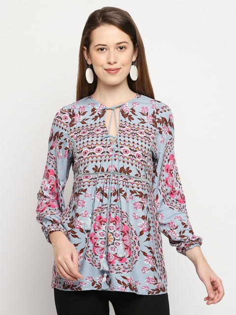 

LYKKEIN Blue & Pink Floral Print Tie-Up Neck Top