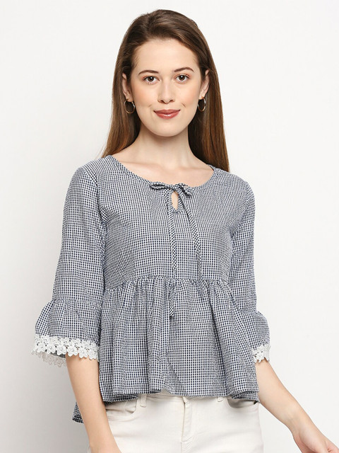 

LYKKEIN Blue Checked Tie-Up Neck Top With Lace Trim