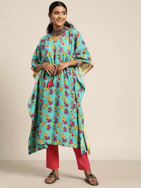 

Sangria Women Turquoise Blue & Yellow Floral Print Kaftan Kurta