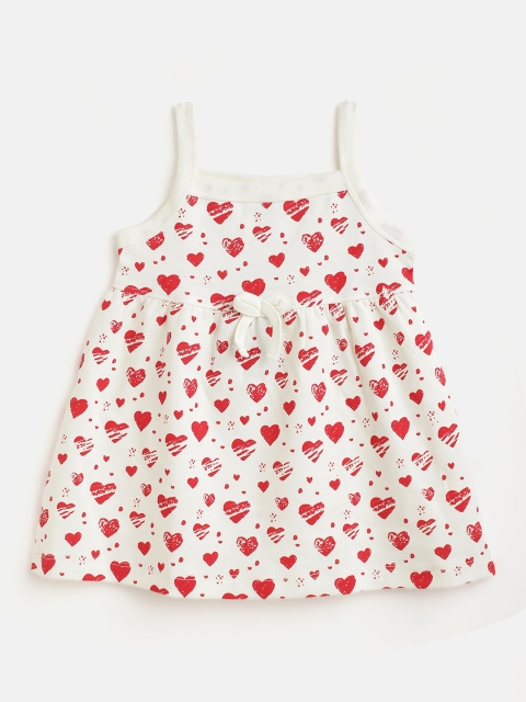 

TINYO Infant Girls Off-White & Red Cotton Heart Print A-Line Dress