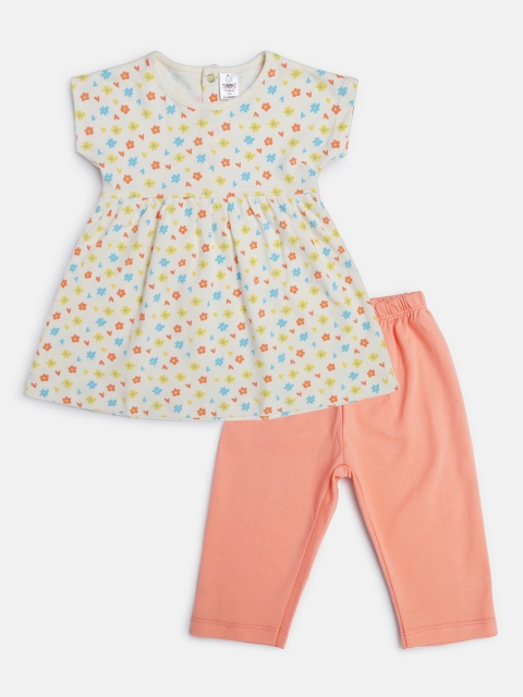 

TINYO Girls Off White & Peach-Coloured Printed Pure Cotton Co-Ord Set