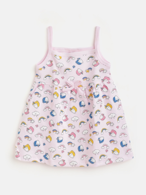 

TINYO Infant Girls Pink & Blue Cotton Unicorn Print A-Line Dress