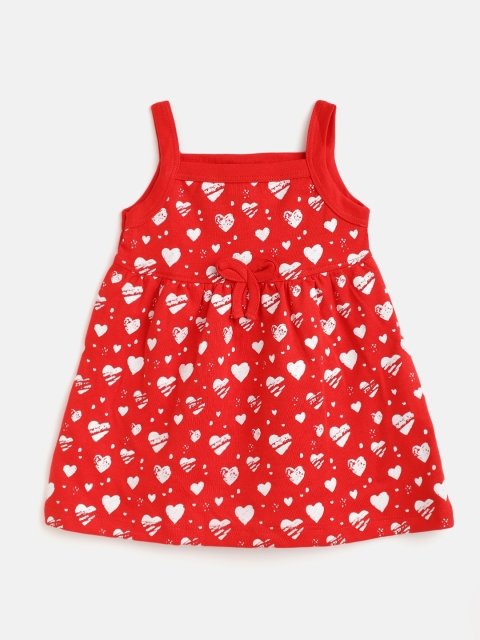 

TINYO Infant Girls Red & Off-White Cotton Heart Print A-Line Dress