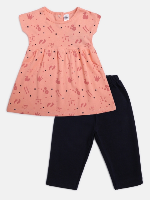 

TINYO Girls Peach-Coloured & Navy Blue Printed Pure Cotton Co-Ord Set