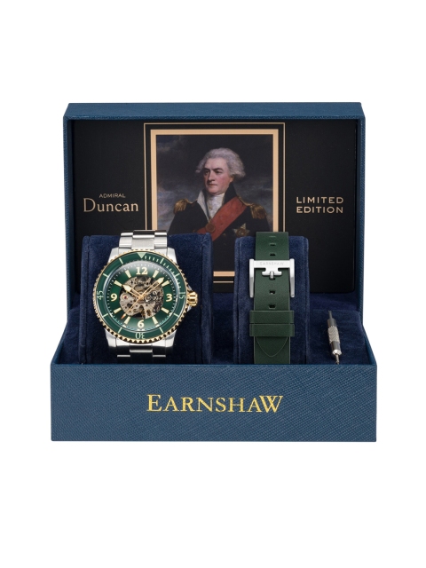 

EARNSHAW Men Green Dial & Multicoloured Stainless Steel Bracelet Style Straps Analogue Automatic Motion Watch, Transparent
