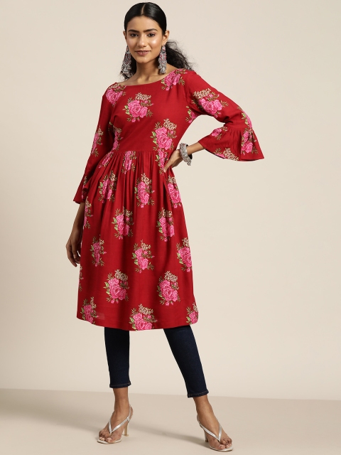 

Sangria Women Red & Pink Floral Printed Bell Sleeves Floral A-Line Kurta