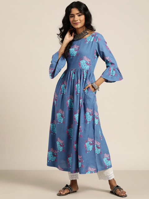 

Sangria Women Blue Floral Printed Bell Sleeves Floral Kurta