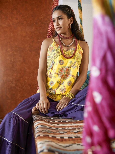 

Sangria Yellow & Orange Pleated A-Line Fusion Top