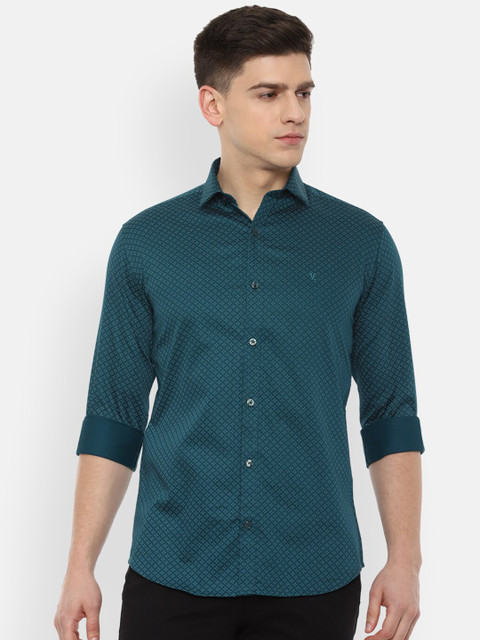 

V Dot Men Teal Slim Fit Printed Cotton Casual Shirt