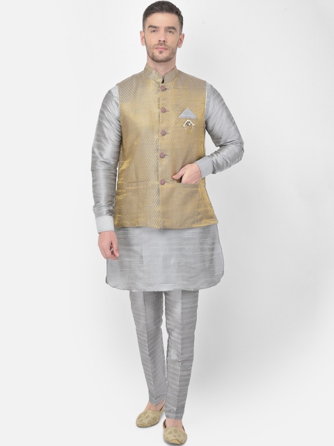 

SG LEMAN Men Silver-Toned Raw Silk Kurta, Trousers & Nehru Jackt