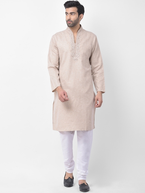 

SG LEMAN Men Beige Yoke Design Thread Work Raw Silk Kurta with Pyjamas