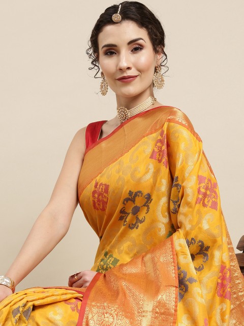 

VASTRANAND Yellow & Red Woven Design Zari Silk Blend Kanjeevaram Saree